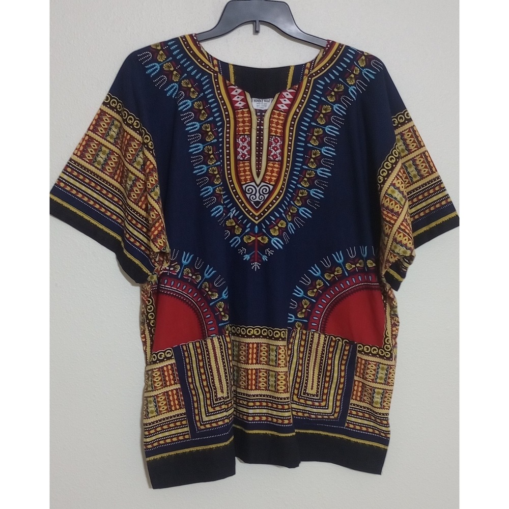 Wonder Wear Womens Dashiki Top Blue Red Cotton African Print Tunic Large NWT
